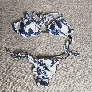 Paula Hermanny Swimsuit Set Cheeky Halter Top Padded White and Blue XS /L